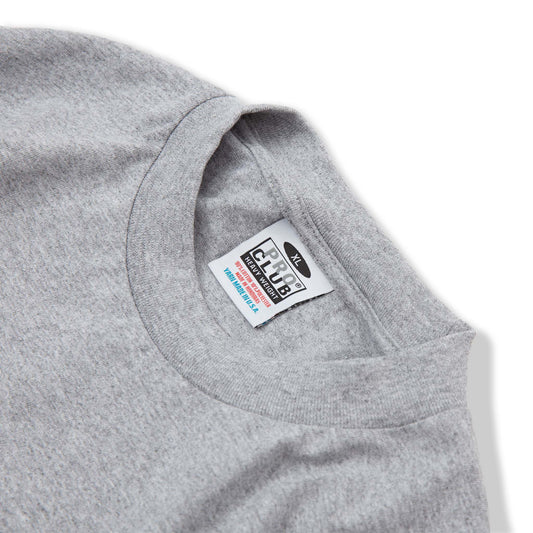 PROCLUB 6.5oz Heavyweight Long Sleeve Tee in Heather Gray — Collar and Neck Label Detail