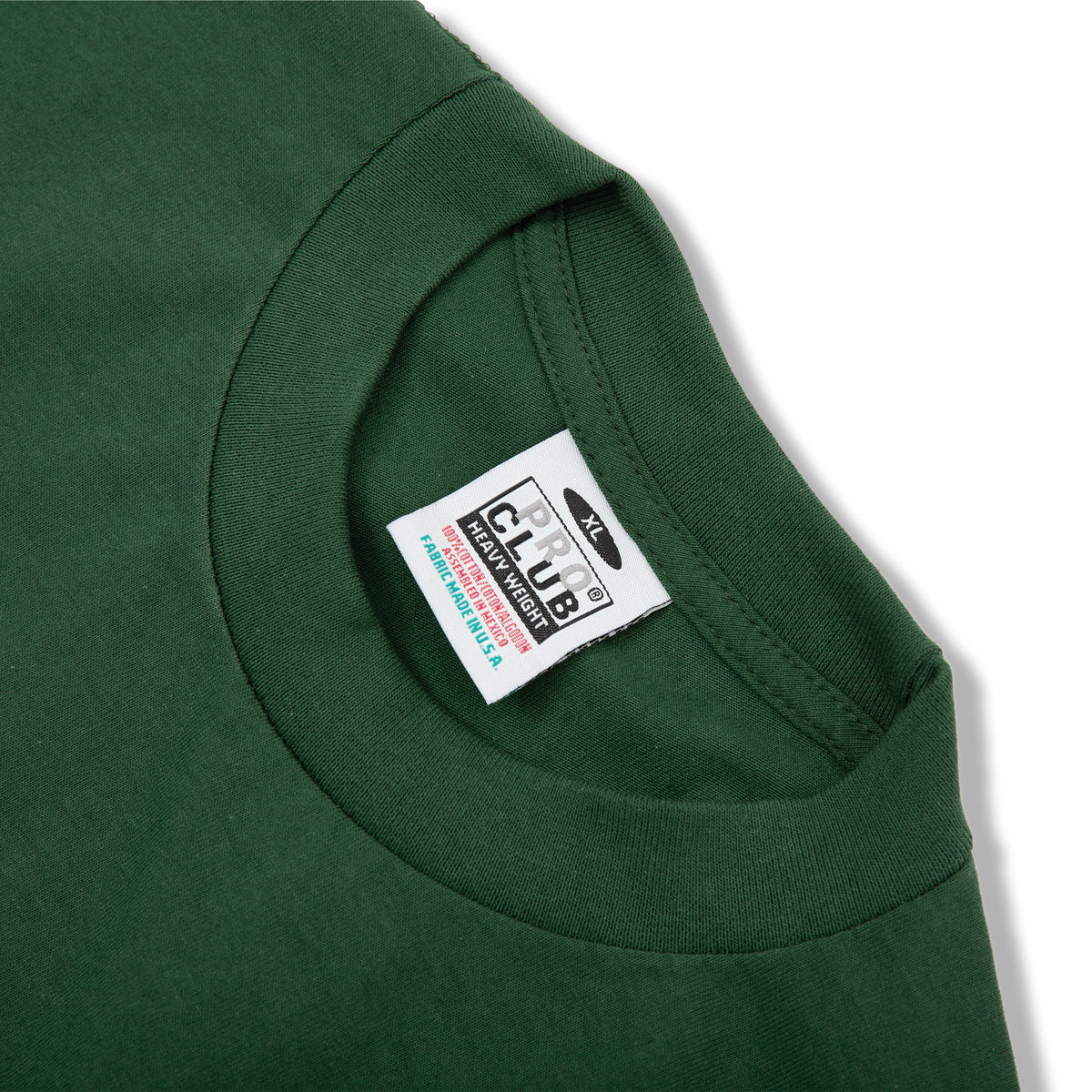 PROCLUB 6.5oz Heavyweight Short Sleeve Tee in Forest Green — Collar and Neck Label Detail