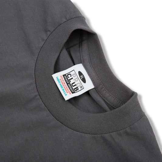 PROCLUB 6.5oz Heavyweight Short Sleeve Tee in Graphite — Collar and Neck Label Detail