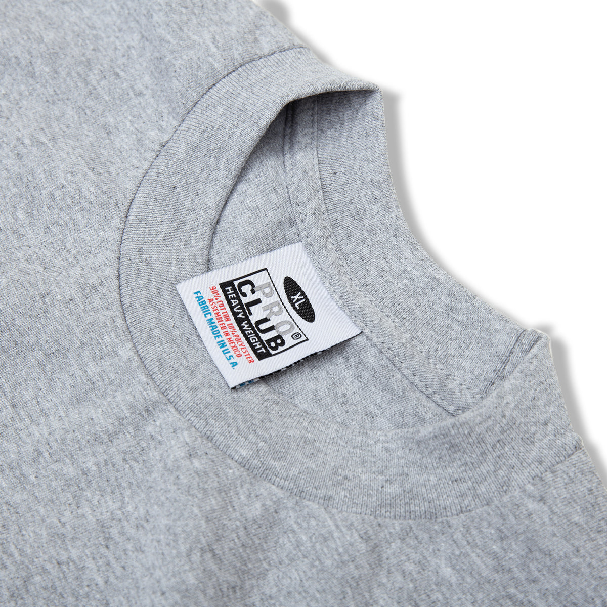 PROCLUB 6.5oz Heavyweight Short Sleeve Tee in Heather Gray — Collar and Neck Label Detail