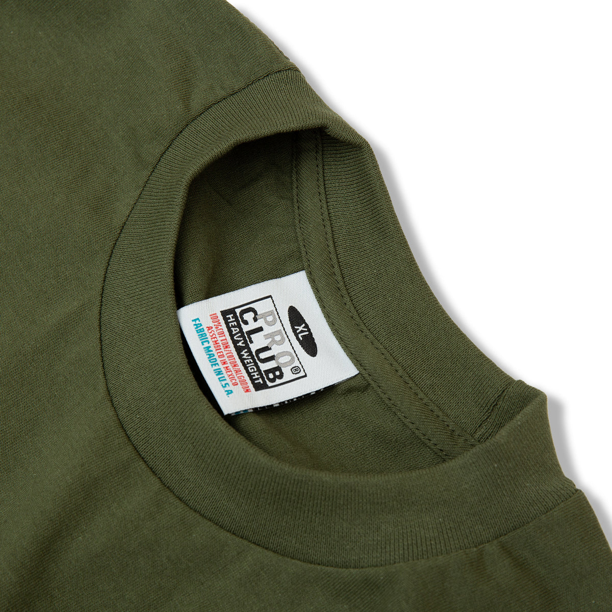 PROCLUB 6.5oz Heavyweight Short Sleeve Tee in Olive — Collar and Neck Label Detail