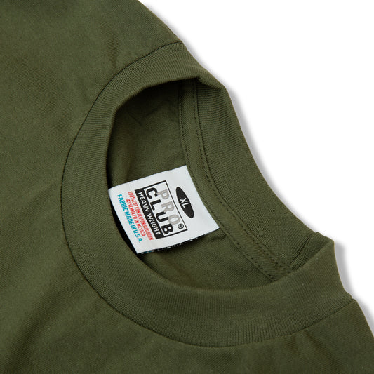 PROCLUB 6.5oz Heavyweight Short Sleeve Tee in Olive — Collar and Neck Label Detail