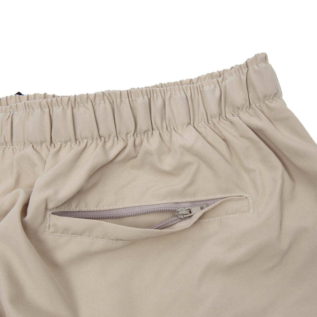 COBRA CAPS Microfiber Shorts in KHAKI — Back Pocket with Zipper Detail