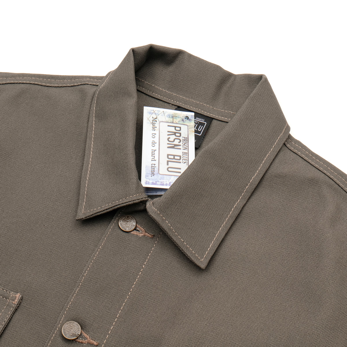 PRISON BLUES Yard Coat in Rigid Olive | Collar and Button Detail