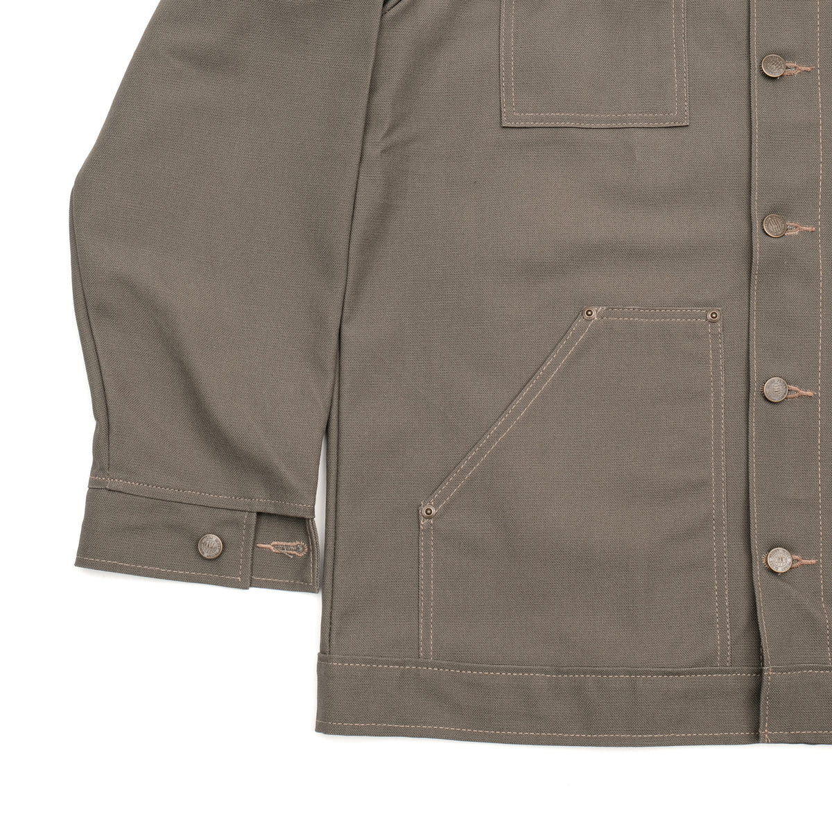 PRISON BLUES Yard Coat in Rigid Olive | Adjustable Button Cuff and Pocket Detail