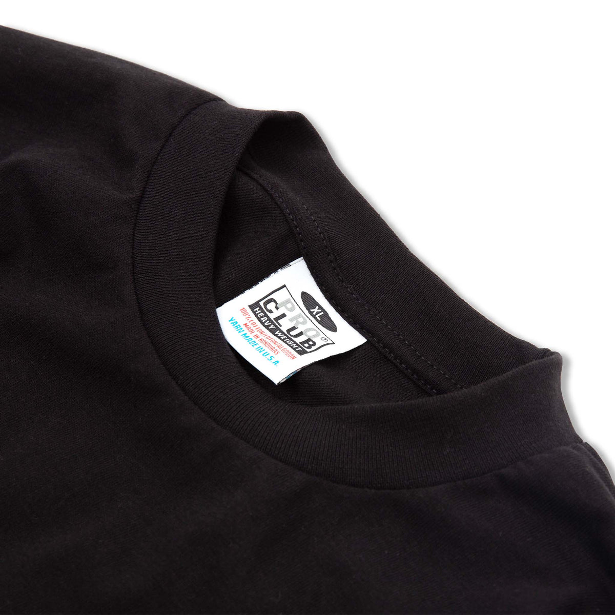 PROCLUB 6.5oz Heavyweight Long Sleeve Tee in Black — Collar and Neck Label Detail