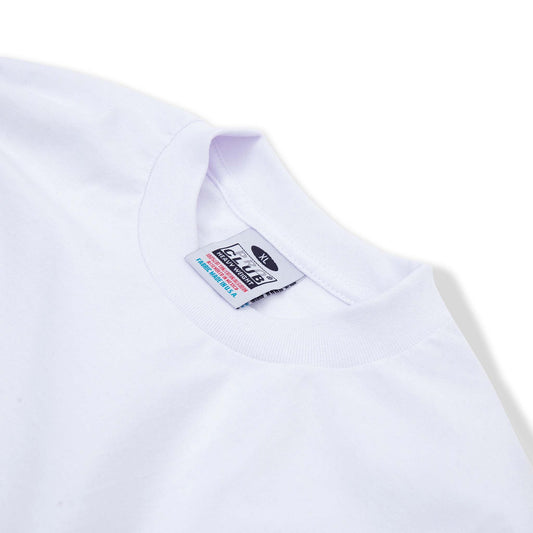 PROCLUB 6.5oz Heavyweight Long Sleeve Tee in White — Collar and Neck Label Detail