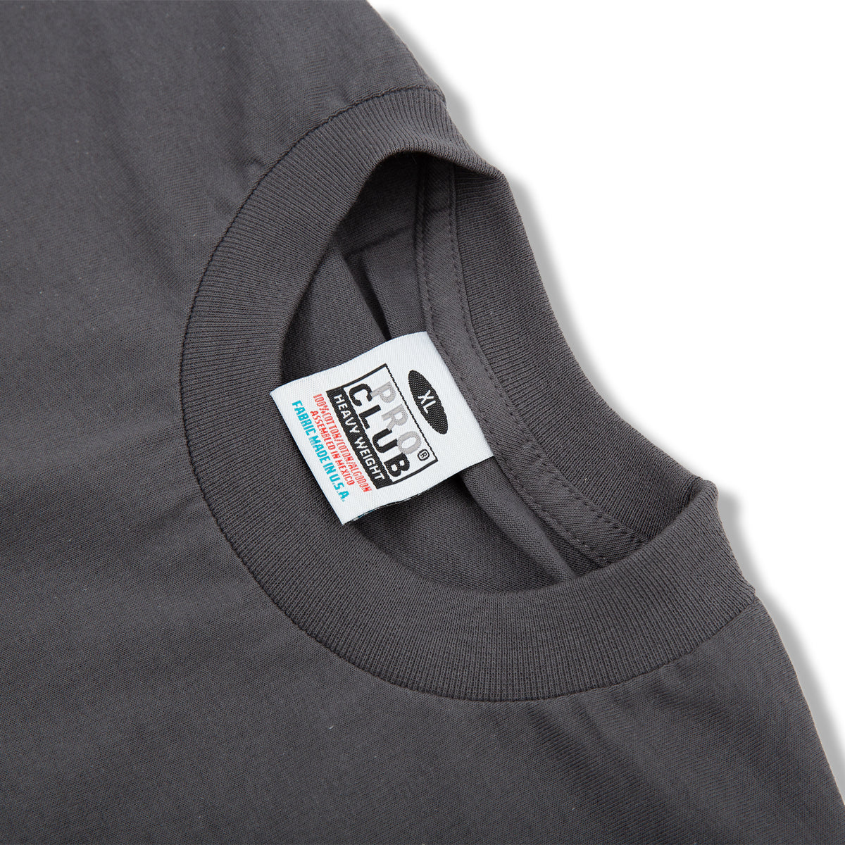PROCLUB 6.5oz Heavyweight Short Sleeve Tee in Graphite — Collar and Neck Label Detail