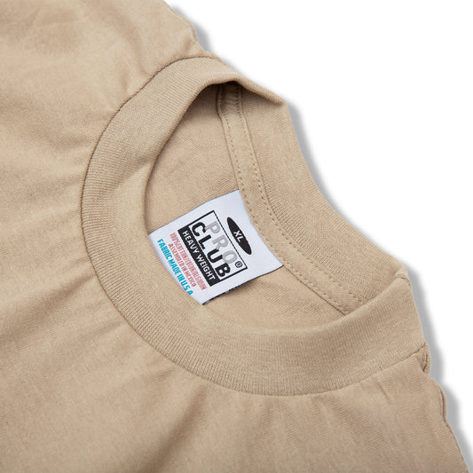 PROCLUB 6.5oz Heavyweight Short Sleeve Tee in Khaki — Collar and Neck Label Detail
