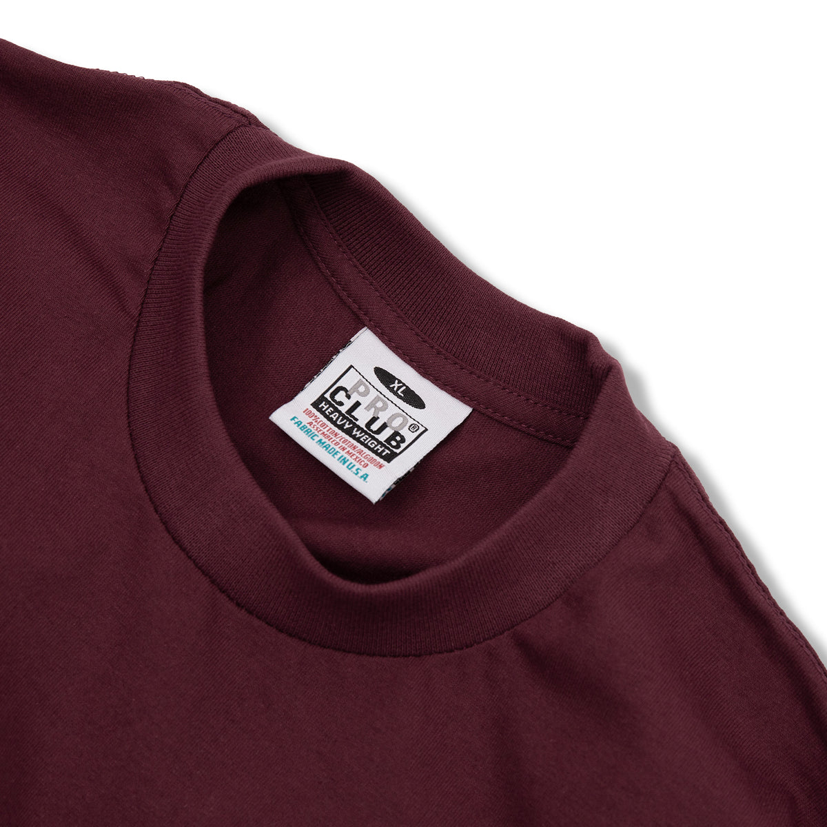 PROCLUB 6.5oz Heavyweight Short Sleeve Tee in Maroon — Collar and Neck Label Detail