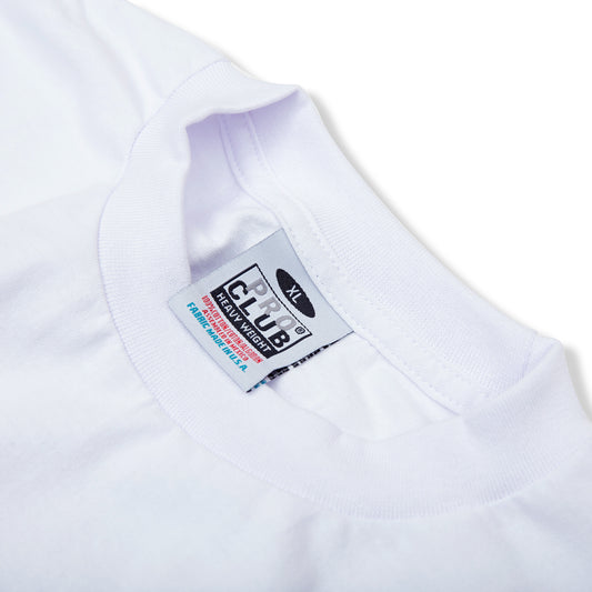 PROCLUB 6.5oz Heavyweight Short Sleeve Tee in White — Collar and Neck Label Detail
