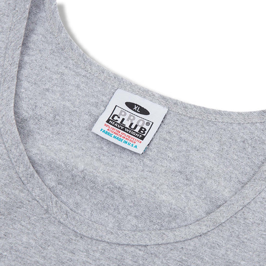 PROCLUB 6.5oz Heavyweight Tank Top in Heather Gray — Collar and Neck Label Detail
