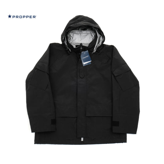 PROPPER Gen II Waterproof Parka in BLACK — Front View with Hood